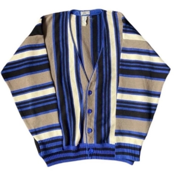 Vintage Cardigan Mens Blue Stripes France Made Medium Knit - Picture 1 of 7